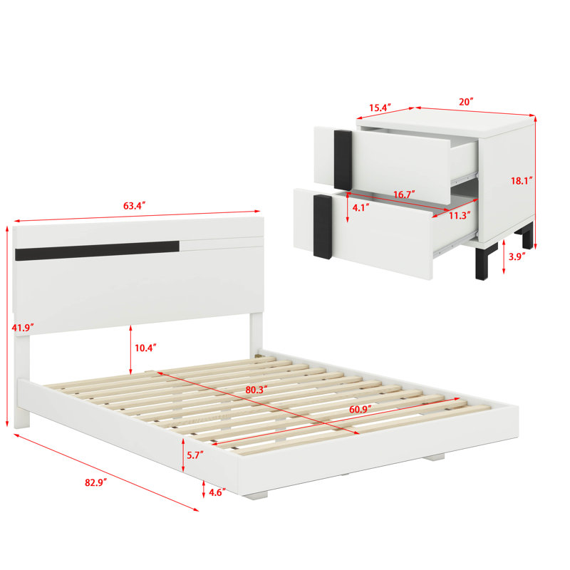 Queen-Sized 3-Piece Floating Bed Frame Set With Integrated LED Lighting And Two Stylish Nightstands