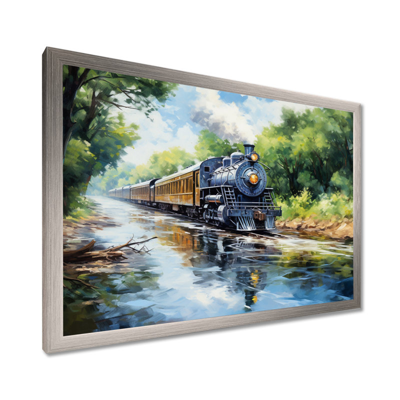 Steamtrain Travelling In The Sunset, peinture - train, art mural, H 34 po x l 44 po x P 1,5 po, Cadre argenté