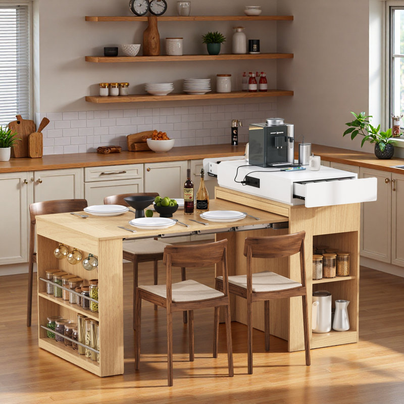 Kitchen Island With Extendable Dining Table, Drawers, Power Outlet, Wheels And Hooks, Natural