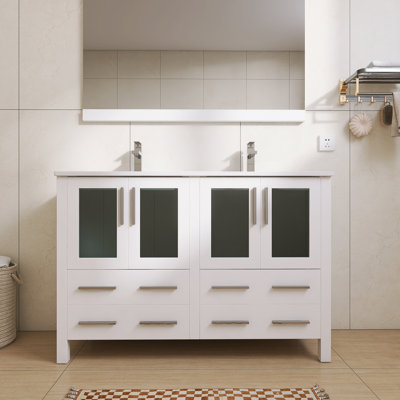 Meuble-lavabo double 48 po avec lavabo en céramique et portes en verre trempé - bois massif, portes et tiroirs à fermeture en douceur et accès facile à la plomberie