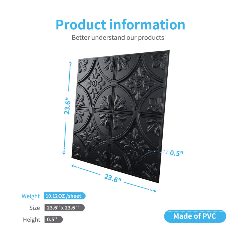 2 pi X 2 pi Carreaux de plafond en PVC à coller ou à poser, panneaux de PVC imperméables pour la décoration intérieure, Noir