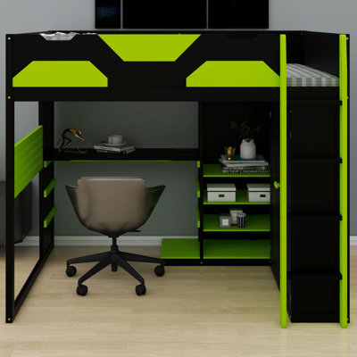 Versatile Wooden Loft Bed With Built-In Storage Shelves, Desk, Wardrobe, RGB Lights And USB Charging