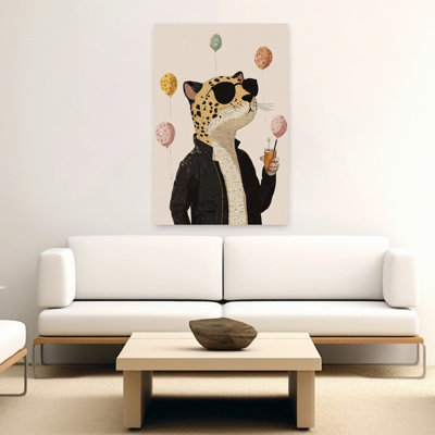 Cool Party Leopard Modern Playful Whimsical Cat Animal Portrait Wall Art Print by Mathieu - Wrapped Canvas Print
