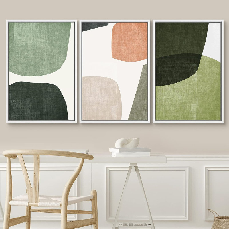 Mid Century Shape Green Tripyth Multicolor Ovals Abstract Mid Century Modern Framed Canvas 3 Pieces Print Wall Decor