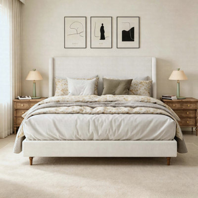 King Size Upholstered Platform Bed Frame with High Headboard, Retro Chenille Bed No Box Spring Needed, Ivory
