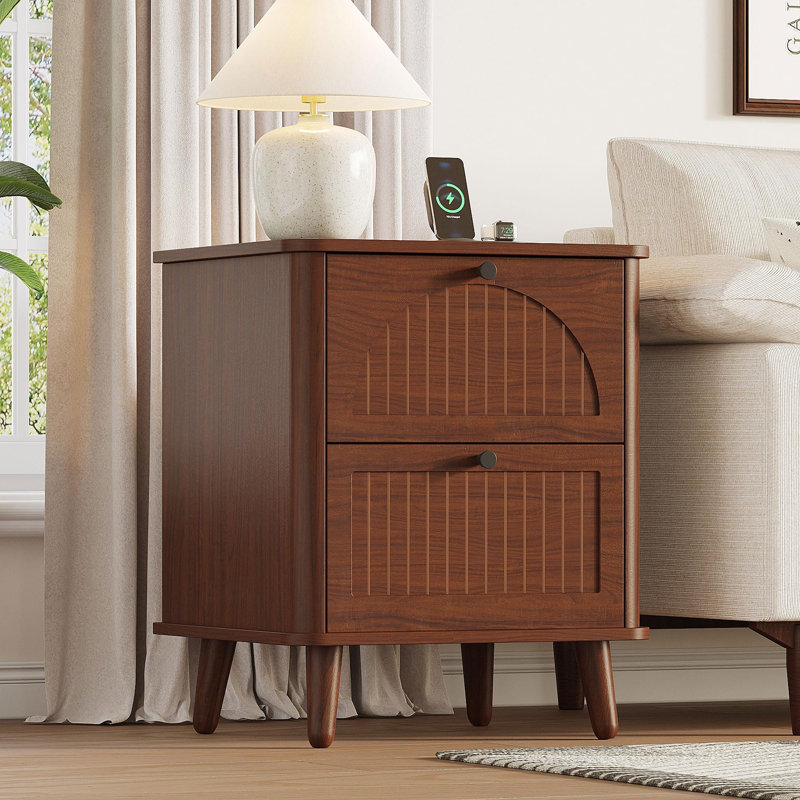 Wide Wood Bedside Table with 2 Drawers