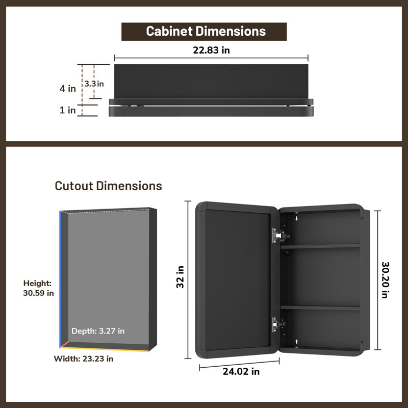 Gervon Rectangle Recessed Medicine Cabinet with Adjustable Shelves, 32" H x 24" W x 5" D, Gold