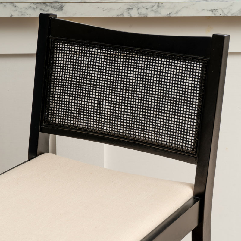 Lummie 19" W Square Upholstered Stool with Cane Back, Black, Bar Stool (29.25" Seat Height)