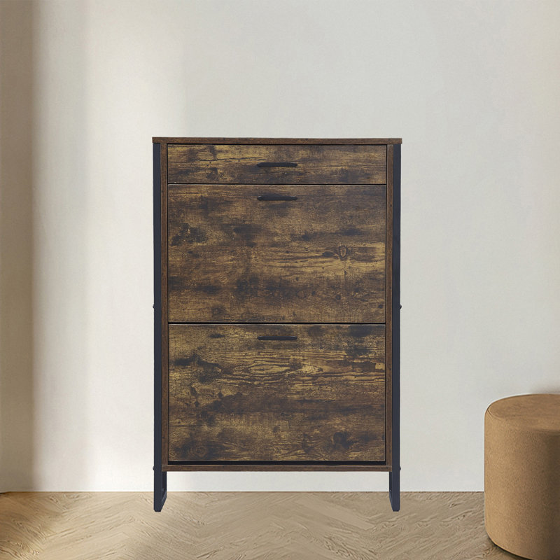 Slim Shoe Cabinet With 2 Flip Drawers &1 Drawer, Rustic Brown