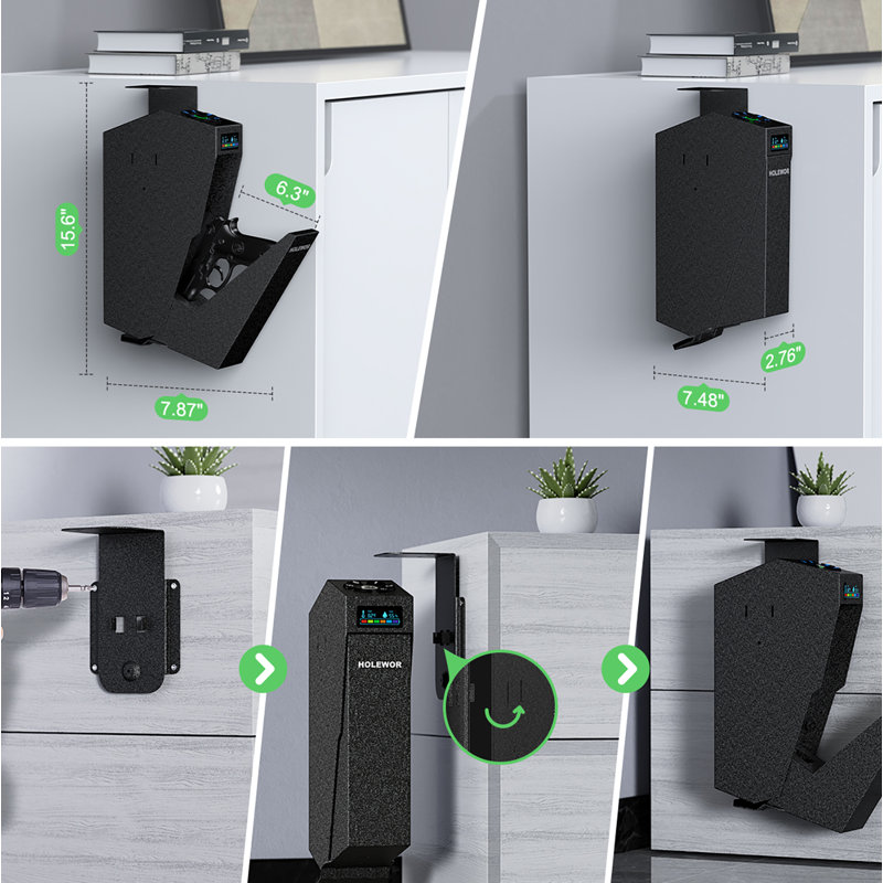 Biometric Drop-Down Gun Safe – Mounted Handgun Safe With LCD Display, Quick Access For Nightstand, Desk, Or Vehicle