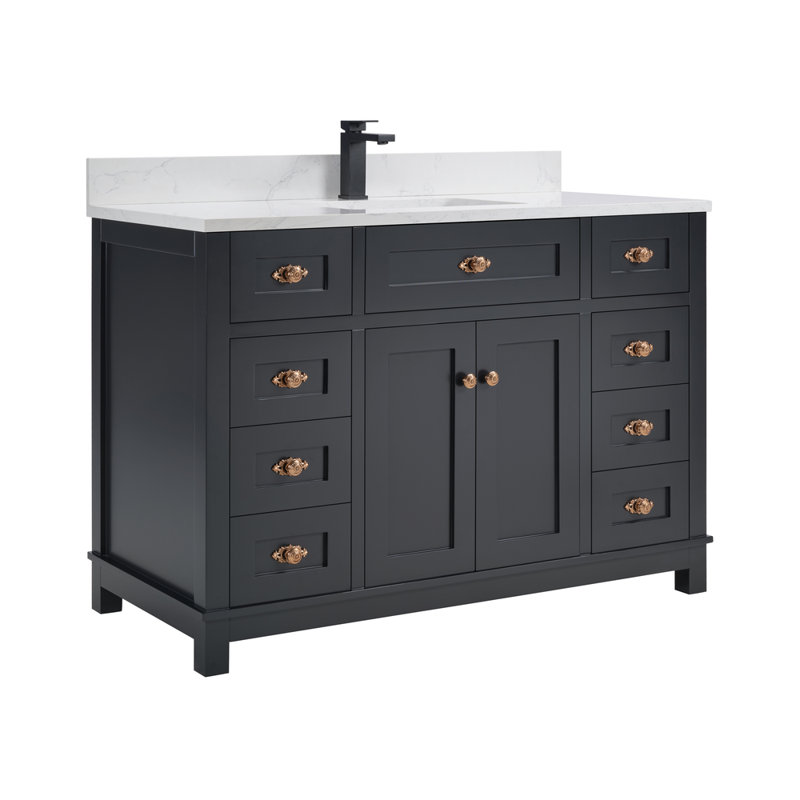 Meuble-lavabo 48 po en bois massif avec comptoir en pierre reconstituée, lavabo simple, Noir tricorne, Or rose