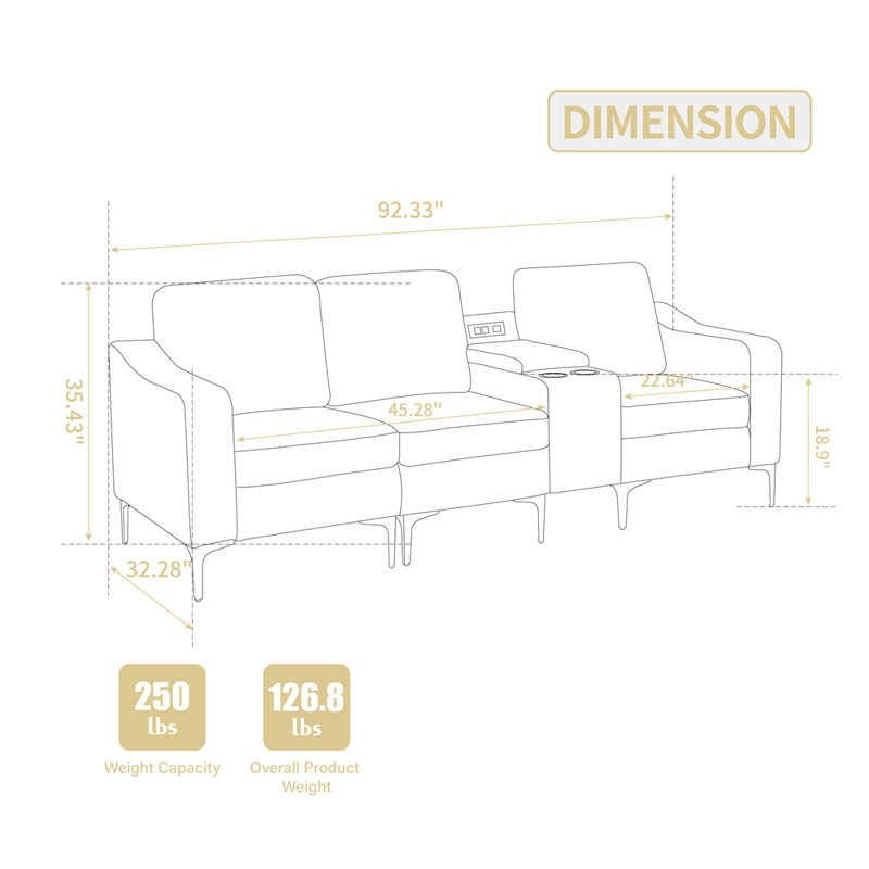 Canapé modulaire convertible en velours côtelé avec porte-gobelets, USB, trois places, Gris