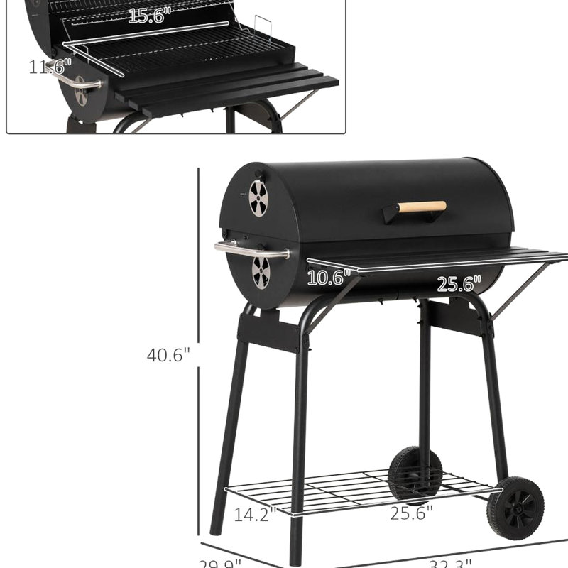 Barbecue au charbon portatif 30 po avec roulettes, larges grilles de cuisson, système de réglage de la casserole à 4 niveaux, couvercle intégré pour l'échaudure, bouches d'aération réglables, tablettes de rangement avant et inférieures, réglage du gril, côté