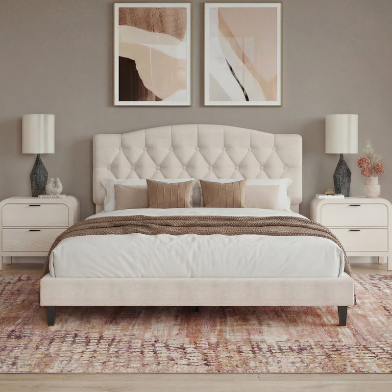Beige Upholstered Platform Bed Frame – Button-Tufted Headboard, Slat Support, Queen