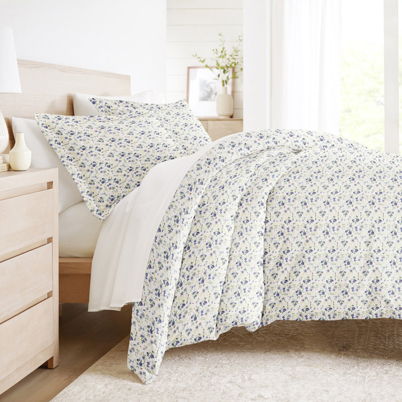 Ensemble de housse de couette en microfibre à motif de literie ultra douce en fleurs, Bleu