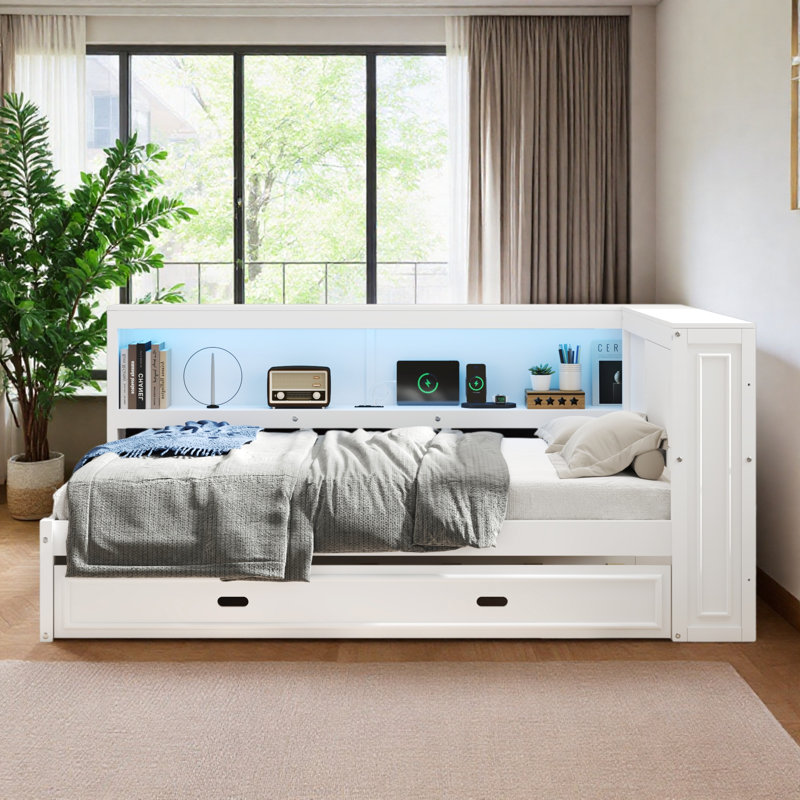 Full Size Wood Daybed With Trundle And Storage Shelves, White