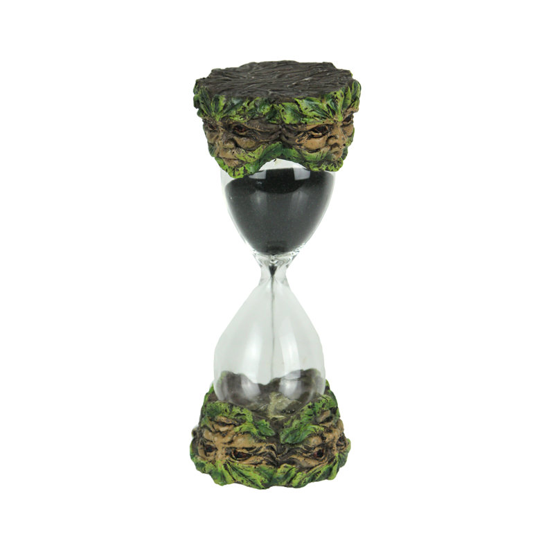 Sablier en polyrésine coulée à froid et verre, représentant un homme vert celtique, peint à la main, tons terreux, 15 cm de hauteur