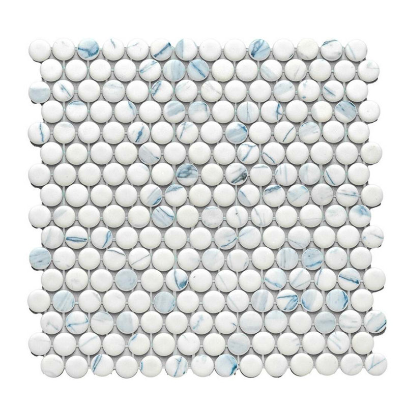 Eterna Penny 12"x12" Recycled Glass Mosaic Tile, Calacatta Blue