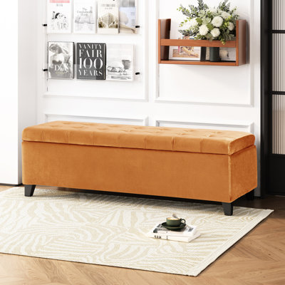 Rangement en velours orange brûlé avec compartiment généreux pour couvertures, sur pieds en bois de bouleau, revêtement brun foncé, capacité de poids du banc de 250 lb, grand et supérieur, cadre brun