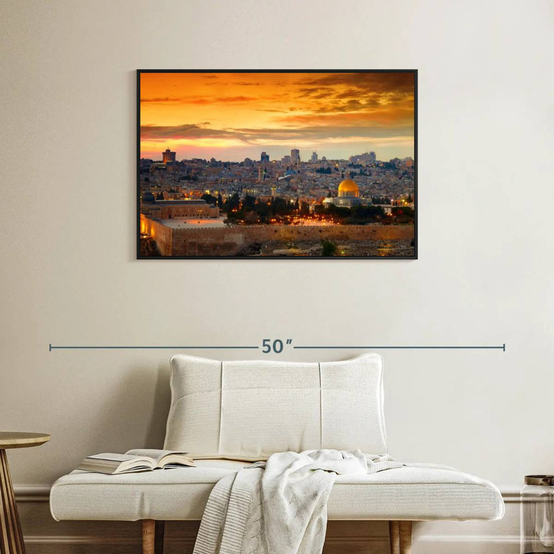 Paysage urbain de coucher de soleil de Jérusalem, Cadre flottant noir, 37 po x 25 po