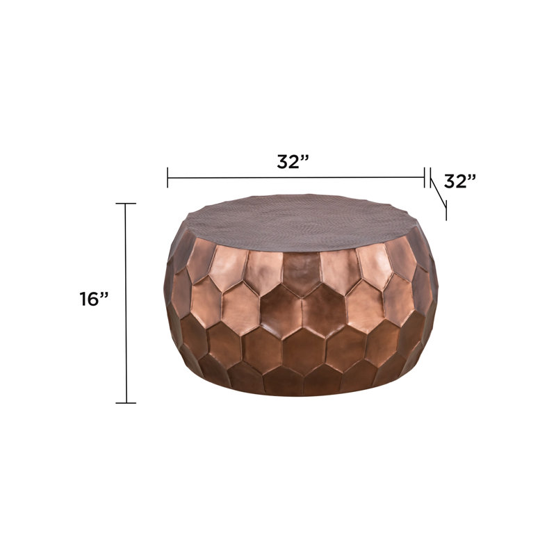 Table basse ronde en aluminium, 81 cm (32 pouces), motif hexagonal martelé à la main, base en cuivre brillant, style vintage, pièce maîtresse stable, table d'appoint en aluminium, fonctionnelle et esthétique, aucun assemblage requis