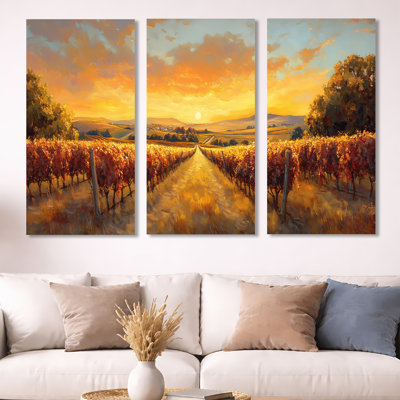 «Golden Vineyard at Sunset in Italy - Yellow Countryside», reproduction de toile encadrée 3 pièces