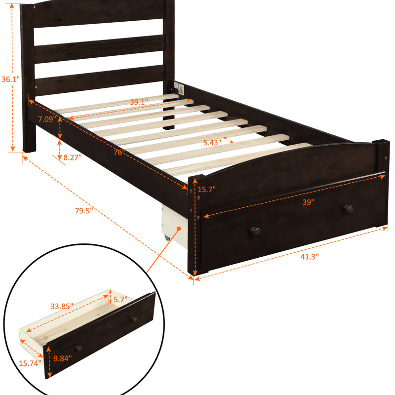 Structure de lit plateforme simple, finition, 10 lattes de bois pour la stabilité et le soutien du matelas, rangement dans les tiroirs de rangement, lattes, avec roulettes faciles à installer, élégantes