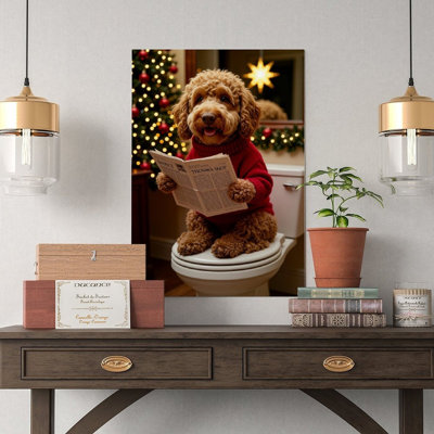 Canvas Wall Art Funny Christmas Goldendoodle Bathroom Canvas Print, Dog Newspaper Art Vintage Poster Print Home Decor