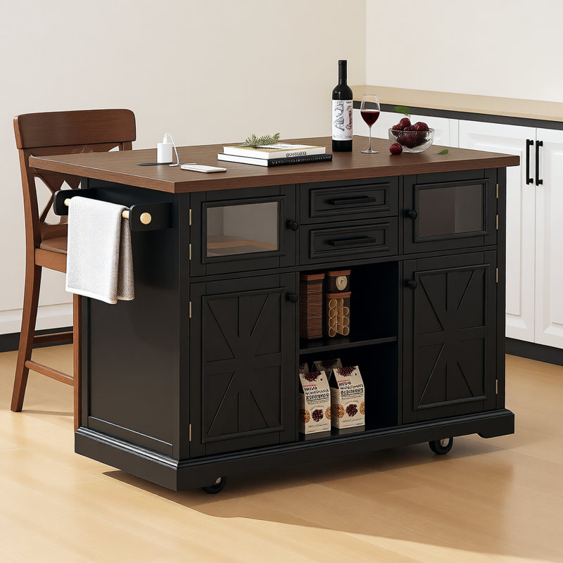 Kayoyr Kitchen Island with Drop Leaf and Charging Station Rolling Kitchen Cart