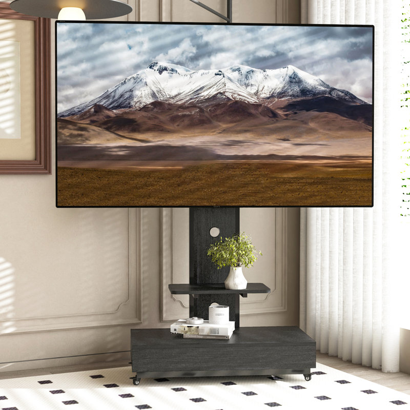 Chariot de télévision mobile de 32 à 75 pouces avec tiroir à tirer et roues verrouillables, support noir pour le salon, les bureaux de la chambre à coucher, + 10 tablettes réglables en métal, tablette extérieure, roulettes 30 à gauche à droite