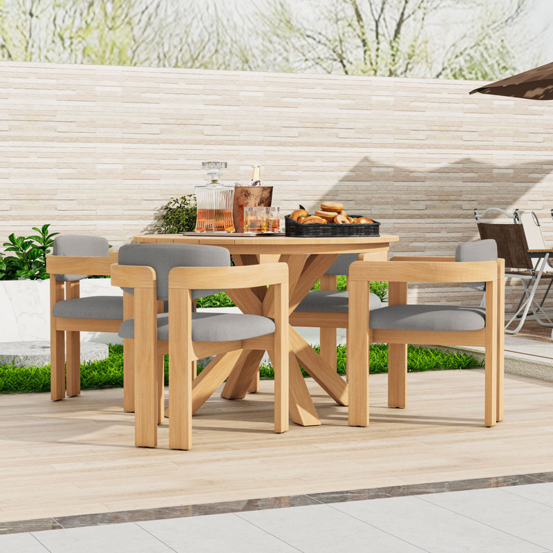 Ensemble de salle à manger 5 pièces pour l'extérieur en bois d'acacia avec table ronde et 4 chaises demi-tonneau, Gris