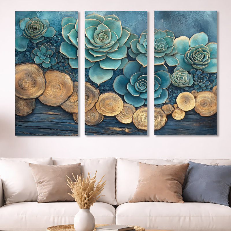 Serene Succulents I - Botanical, impression sur toile 3 pièces, H 32 po x l 48 po, Toile tendue