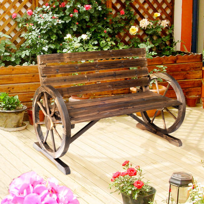 41" Wooden Wagon Wheel Patio Bench, Rustic Style With , Weather-, 2 Seat, Fir Wood Construction Outdoor , Seat Solid Wood, Brown