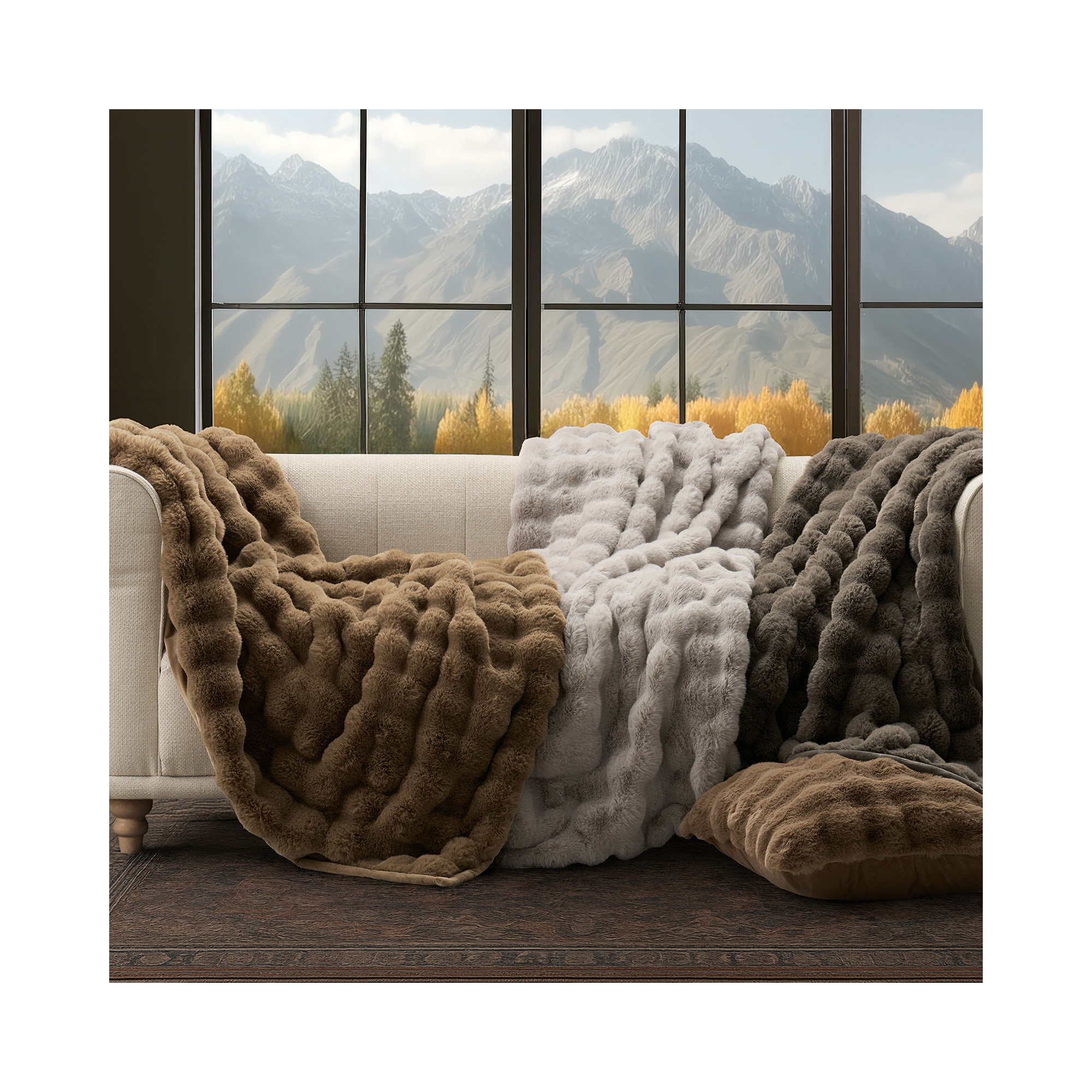 Ridgeline Faux Fur Throw Blanket, 90" L x 80" W, Taupe