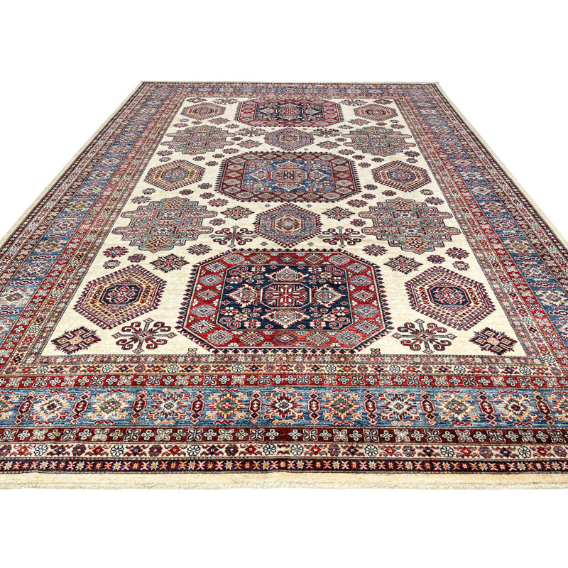 Tapis ivoire / bleu clair en laine New Age Tribal 10 pi x 13 pi 8 po Tribal