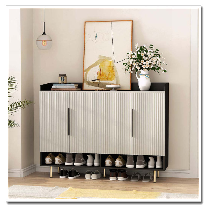Grande armoire à chaussures moderne avec tablettes réglables, H 42,11 po x l 55,11 po x P 14,96 po, Noir / jaune clair