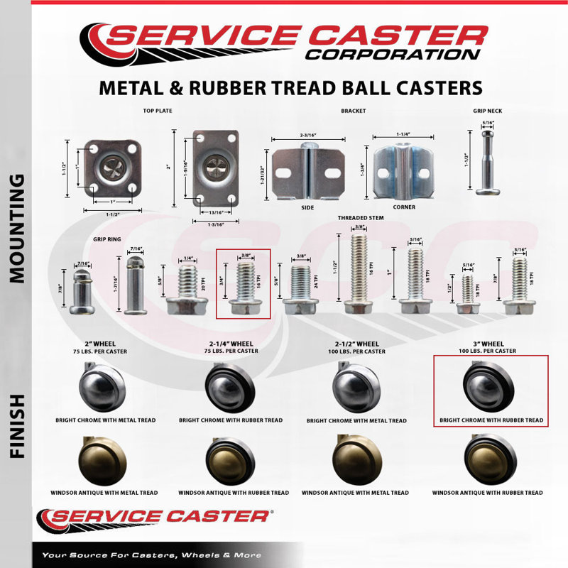 3 Inch Soft Tread Ball Caster – 3/8 Inch Threaded Stem–Set of 4, Bright Chrome