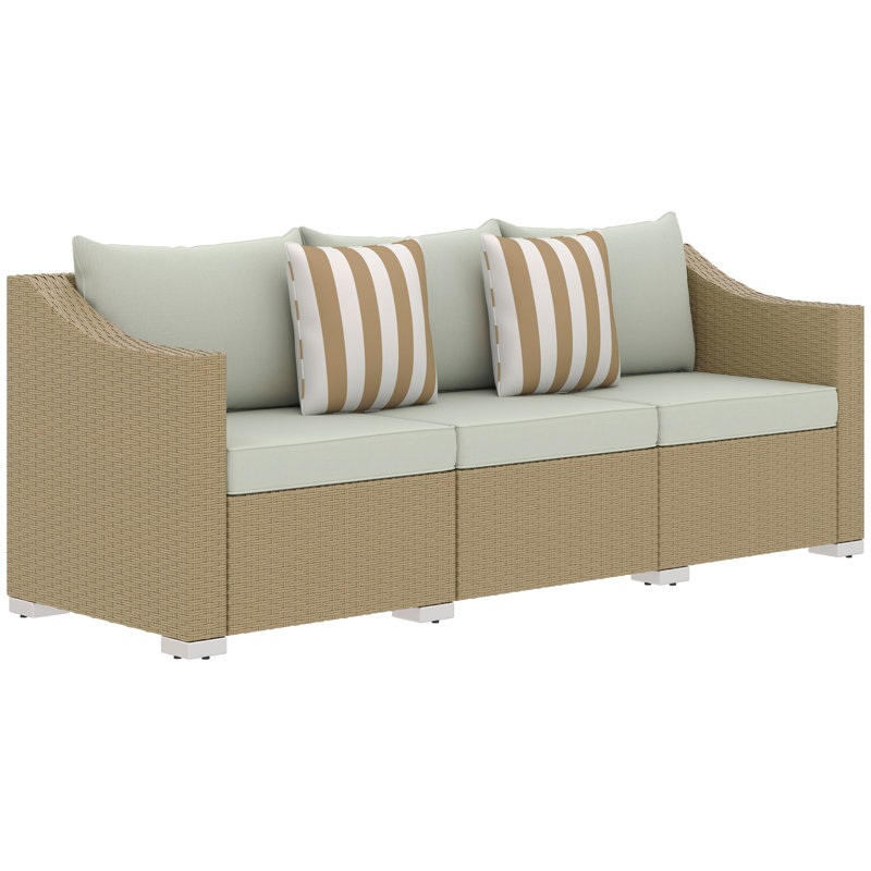 3 Seater Patio Sofa, Wicker Sofa with Cushions, Outdoor Furniture Rattan Couch with 2 Throw Pillows, Deep Seating, for Garden, Backyard, Porch