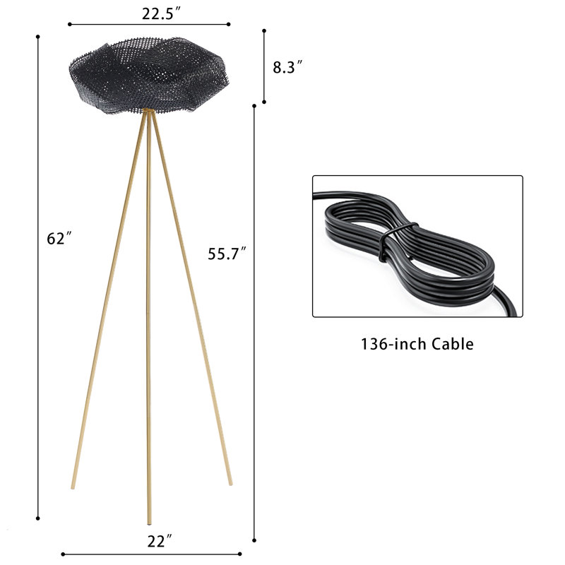 Lampe sur pied rustique avec base trépied et interrupteur au pied noir, Noir