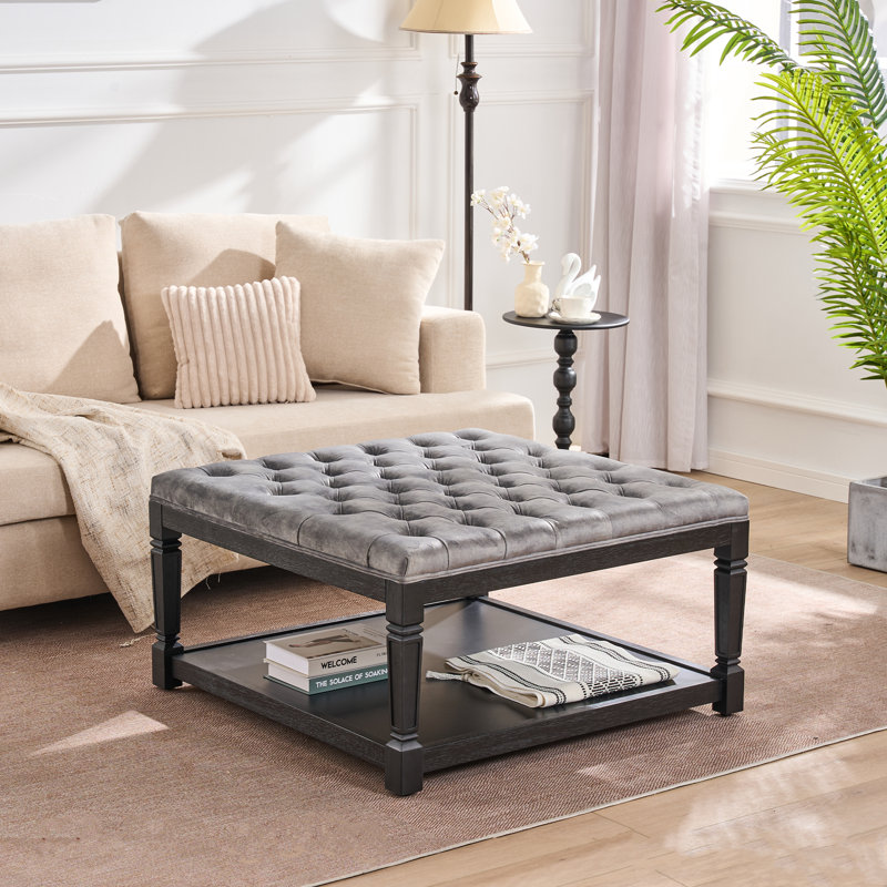 35" Square Velvet Tufted Cocktail Ottoman Coffee Table - Upholstered Storage Ottoman, Grey