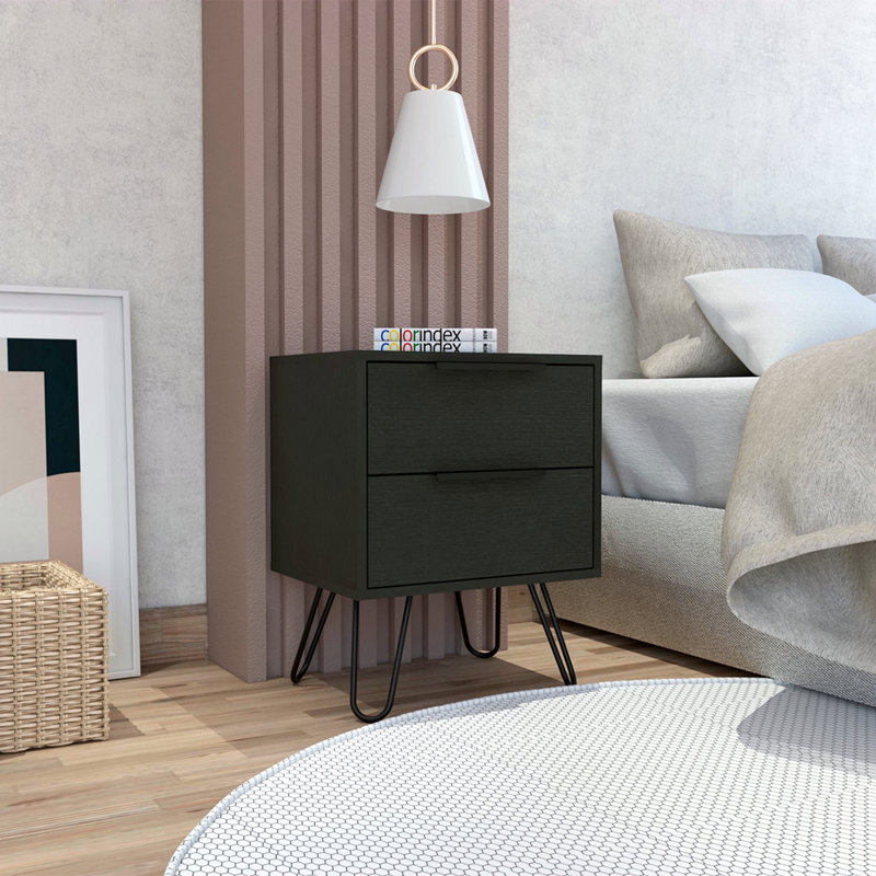 Light Oak 2-Drawer Rectangle Nightstand, Black