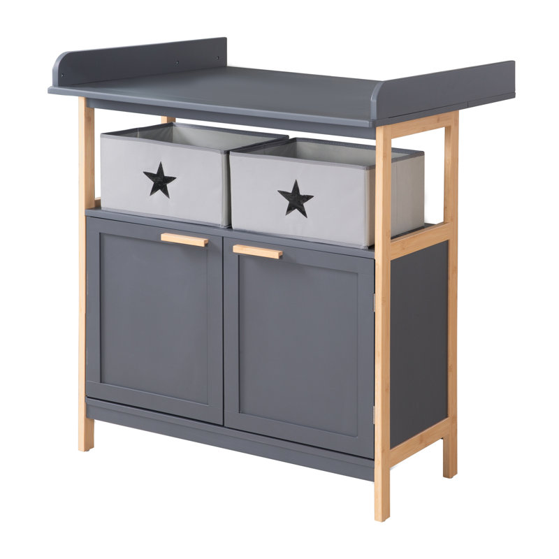 Berlin Unit Including Removable with Doors and Fabric Boxes, Handles and Frame Made of Bamboo Wood - Anthracite Changing Table