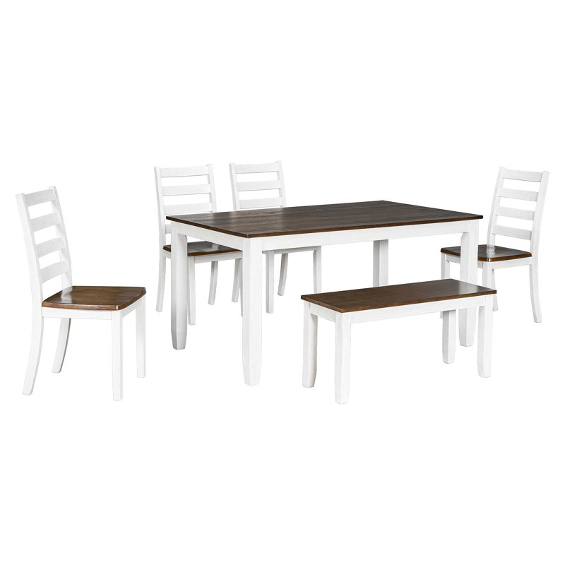 Rustic Style 6-Piece Dining Room Table Set With 4 Ergonomic Designed Chairs & A Bench (Walnut + Cottage White)