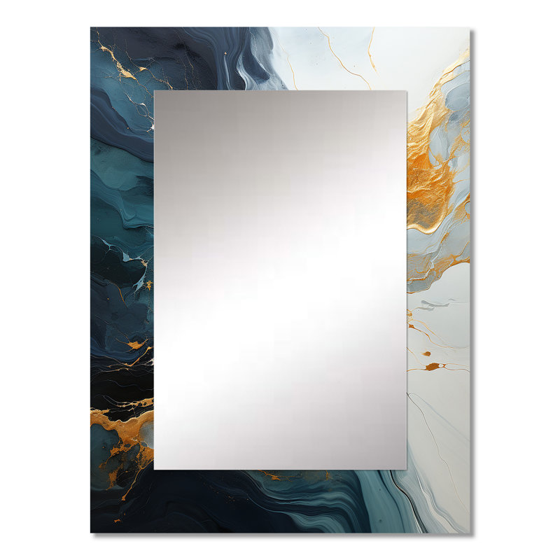 Gold and green abstract marble waterfall IV - Abstract Painting Large Mirror, Gold Decorative Wall Mirror, Printed Metal Art