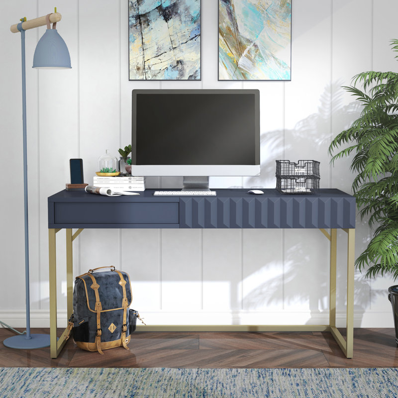 Livengood 56.75"W Metal Base Writing Desk, Blue/Gold