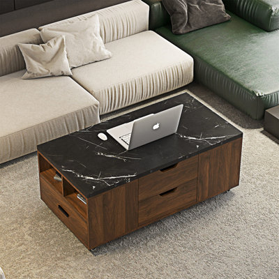 Table basse relevable avec tabourets et rangement