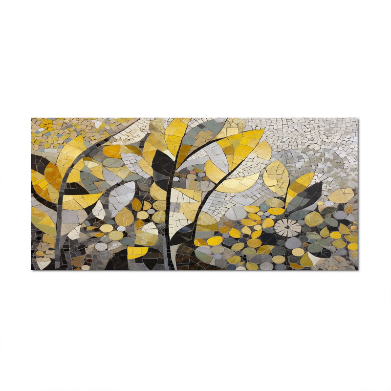Begie, motifs jaunes et gris en fusion artistique - art mural mosaïque bohème, Toile tendue, Sans cadre, H 28 po x l 60 po