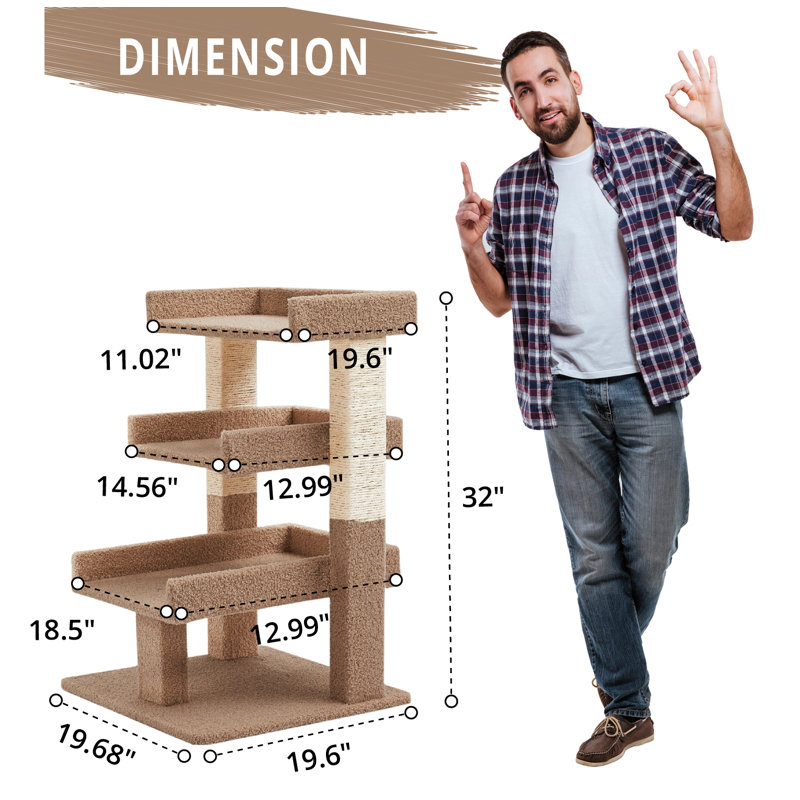 Totnes  3-Tier Cat Tree Tower; Cat Condo with Perch; Sturdy Cat Towers for Large Cats Indoor, Beige