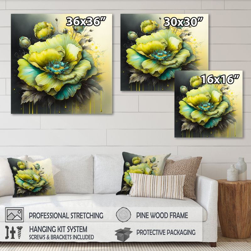 Fleur verte I - peinture sur toile, H 16 po x l 16 po x P 1 po, Toile tendue