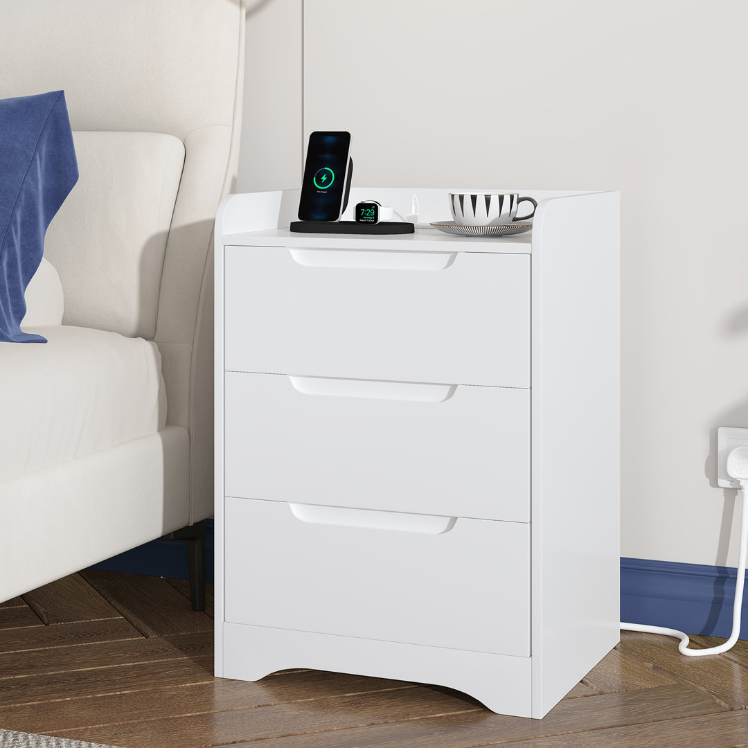 3 Drawer Bedside Table with Charging Station, Bedside Cabinet with Spacious Tabletop, 2 AC Sockets, 1 USB-A & 1 USB-C Port, 35cm W Bedside Table
